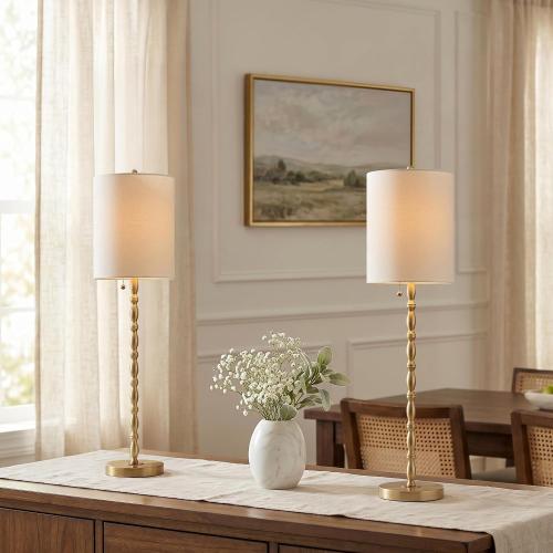 Buffet Lamps Set of 2, 28.5 Tall Brass Finish Lamps for Entryway, Hallway, Console Table, Dining Sideboard or Living Room, UL Certified with Pull Chain, Linen Shade, Urban Luxury Style