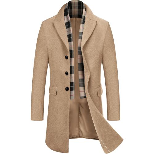 Size L COOFANDY Men's Wool Blend Coat with Detachable Plaid Scarfs Notched Collar Single Breasted Pea Coat Trench Overcoat
