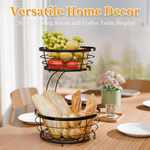 Simple Trending 2 Tier Fruit Basket Bowl for Kitchen Counter, Metal Wire Stackable Vegetable Storage, Black