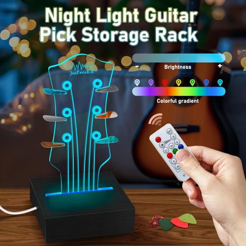 Guitar Pick Holder with with Remote Control & 7 Color LED Lights - Classic Headstock Shaped Display Case for 6 Picks, USB-Powered Music Decor & Nightlight Gift for Guitar Players