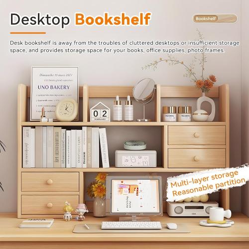 Desk Hutch, Wood Desktop Shelf Organizer with Cubby & Drawer for College Dorm Room, Office Desk Top Bookshelf for Storage