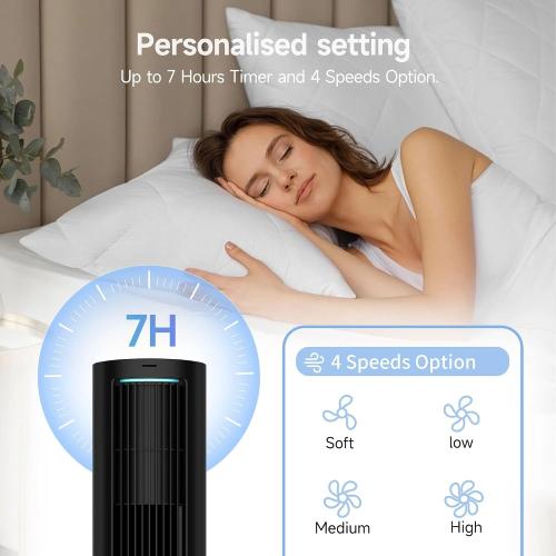 PHILODECO Tower Fan For Bedroom, 40 Inch Bladeless Fan, 80 ° Oscillating Fan, Silent Floor Fan With Remote Control Led, 4-Speed Multiple Modes, 7h Timer, Large Air Outlet