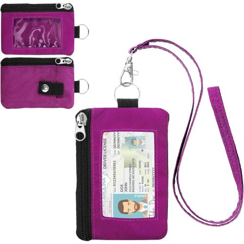 Minimalist RFID Wallet with Lanyard, Multi-Functional ID Case with 2 Zipper Pockets and Key Chain for Men and Women, Tactical Badge Pouch Cards Holder, Coin Purse for Travel Sports - Rose
