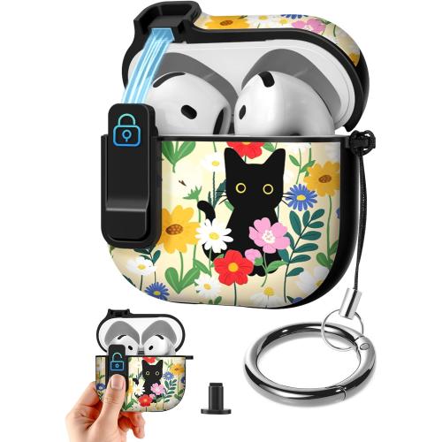 Joyleop for Airpods 4 Case - with Safety Lock Cute Women Girl Girly Asethetic Pretty Design Hard Shock Protective Cover with Keychain for Airpods 4th Gerneration 2024,Black Cat