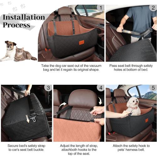 Wooaidagg Dog Car Seat for Medium & Large Dogs Up to 55lbs, Memory Foam Cushion, Washable Cover, Safety Straps & Non-Slip Bottom(Black/Brown,Large)