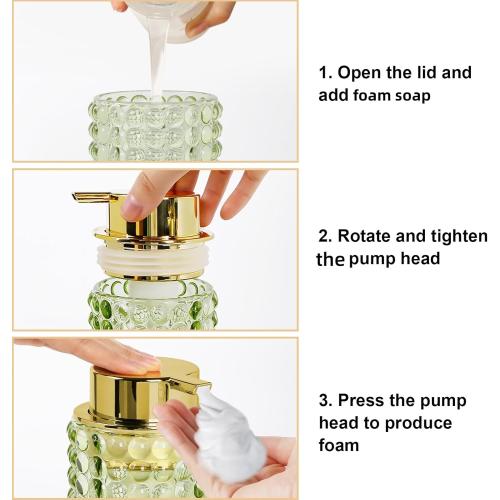 New Open for inspection 2pcs Glass Foaming Soap Dispenser, Green Foam Hand Soap Dispenser, 12 Oz Large Bottle with Gold Pump, Refillable Lotion Pump Container for Bathroom, Kitchen,Hand Soap, Dish Soap,Shampoo