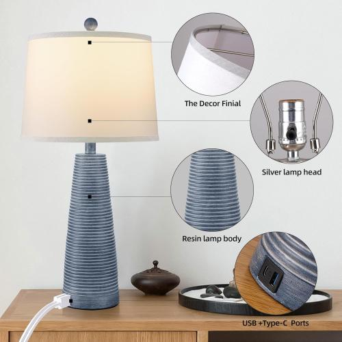 Terpsichore Nightstand Lamp Bedside Lamps Set of 2 Vintage Rustic Farmhouse Table Lamp 3 Way Dimmable Horizontal Stripe Light,Suitable for Living Room Bedroom,with Linen Shade LED Bulb,USB A C Port