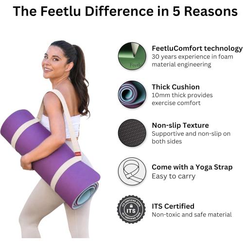 Extra Thick Yoga Mat with Carry Strap, 10mm Non-Slip Exercise Mat, 72 x 24 Inch Cushioned Workout Mat for Yoga, Pilates, Stretching & Floor Exercises