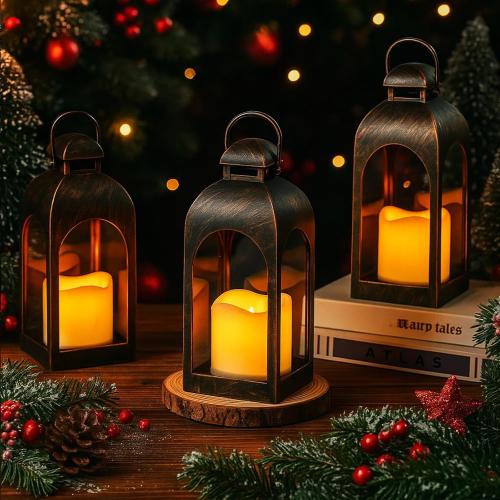 Tujoe 10 Pcs 10 Inch Decorative Candle Lantern Bulk for Wedding Centerpieces Lanterns with LED Flameless Candle Indoor Outdoor Hanging Lights for Wedding Party, Battery Included (Dark Bronze)