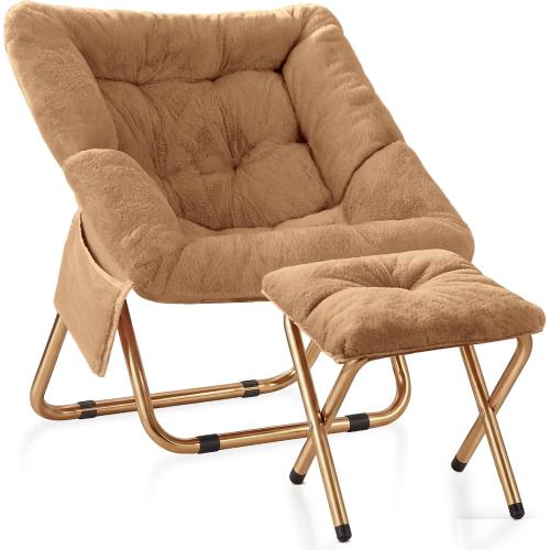 Kasunpul Comfy Saucer Chair, Foldable Living Room Chairs, Soft Faux Fur Lounge Chair for Bedroom, Reading Chairs for Adults, Teens, X-Large (Brown)