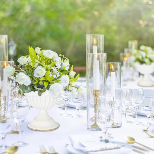 White Flower Vases for Centerpieces: Wedding Compote Bowl 5.1 Inch Small Urn Vase Metal Pedestal Vase for Table Party Event Home Set of 2