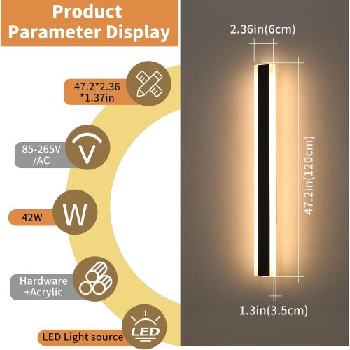 47inch Modern Wall Sconces, Long Linear Outdoor Wall Lights, 3 Color 3000K/4500K/6000K, IP65 Waterproof, Black Exterior Wall Light Fixture for House, Patio, Garage, Garden, House