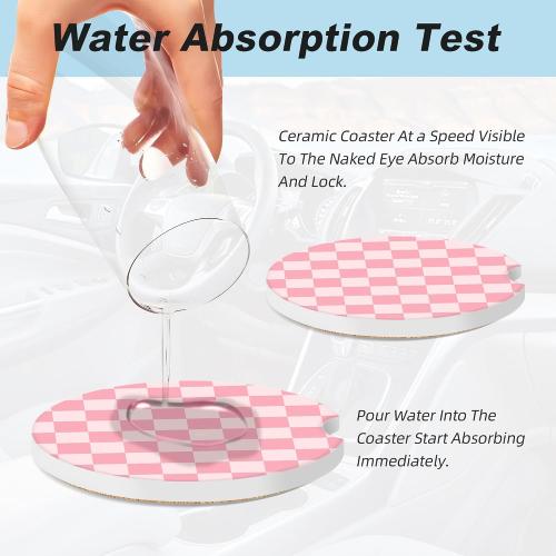 Pink Checkered Car Coasters for Cup Holders,2 Pack Car Cup Holder Coasters for Car,Ceramic Absorbent Car Coaster with A Finger Notch and Cork Base,Car Interior Accessories for Women Men