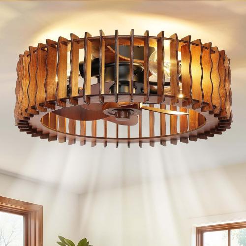 20 Flush Mount Ceiling Fan with Light, Wooden Caged Low Profile Fandelier with Remote, 6-Speed Reversible Bladeless Fan, Farmhouse Ceiling Fan for Bedroom, Kitchen, Living Room