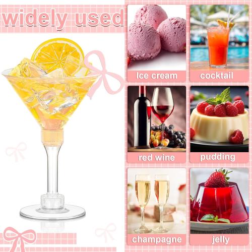 48 Pcs Party Plastic Martini Glasses Disposable with Pink Bow Drink Tag 5 oz Clear Martini Cocktail Glasses Bulk for Fall Halloween Party Wedding Birthday Wine, Desserts, Appetizers