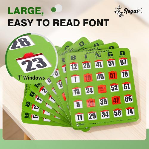 Regal Bingo - Shutter Slide Bingo Cards Only - 8” x 9” - 5-Ply Green Cardstock - Easy to Read - No Duplicates - Red Sliding Windows - Perfect for Large Groups, Bulk Purchasing