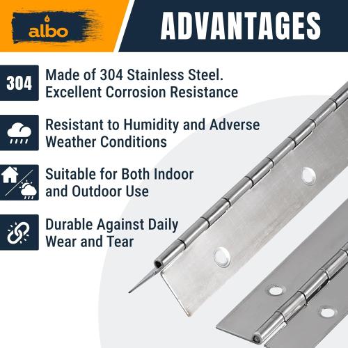 48 Inch Silver Heavy Duty Piano Hinge Continuous Stainless Steel 304 (2-Pack), Surface Mount Cabinet Hinges Silver 48x2 for Industrial Equipment, Commercial Display & Large Access Panel