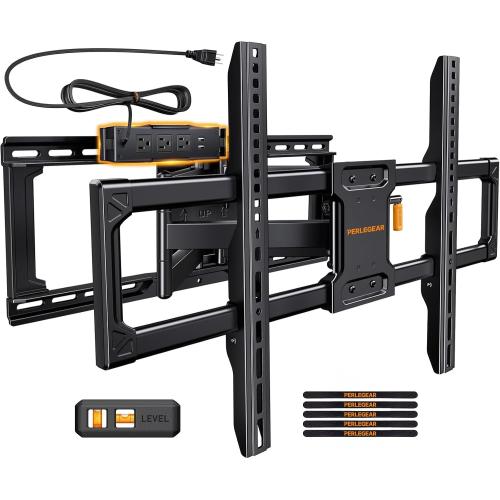 Perlegear Full Motion TV Wall Mount with Power Strip for 42–90 Inch TVs | TV Mount up to 150lbs, Pre-Assembled, USB charging, Smooth Swivel, Tilt, Extension, VESA 600x400mm, 12/16/24 Wood Studs
