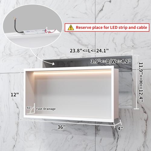 Konelia Shower Niche with Lighting, 36x12x4 Inside Shower Storage Wall Niche Stainless Steel Bathroom Shelf Niche No Tile Needed Shower Caddy Recessed Wall Niche, White