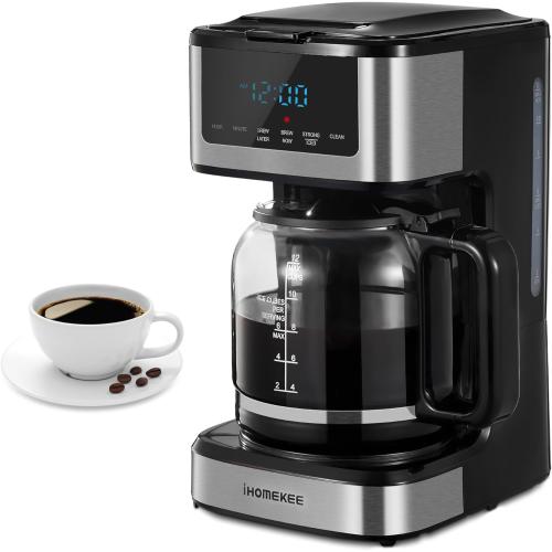 Coffee Maker, Programmable Drip Coffee Maker 12 Cup, Regular & Strong Brew Drip Coffee Machine with Iced Coffee Function for Home and Office, Black & Stainless Steel
