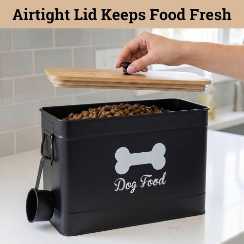 Metal Dog Food Container 15-20 lbs w/ Airtight Bamboo Lid, 70 Cup Capacity