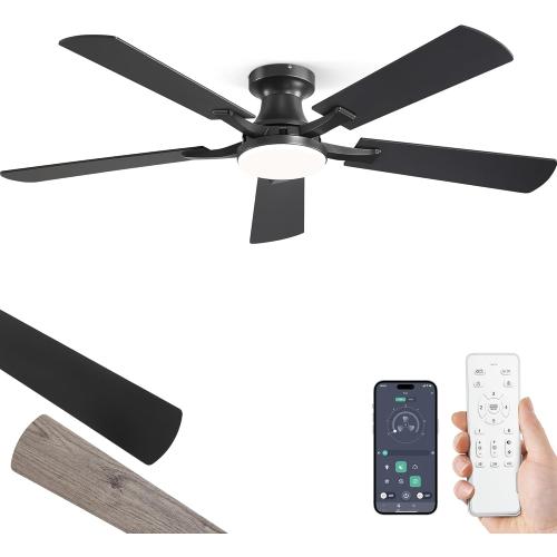 ZMISHIBO 52 Inch Ceiling Fan with Light, App&Remote Control, Flush Mount Low Profile, Dimmable 20W LED Light, Quiet Reversible Motor for Bedroom, Living Room, Apartment, Black
