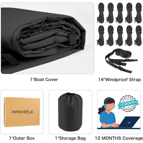 Heavy Duty 1200D PU Waterproof Boat Cover, 20'- 22' Trailerable Marine Grade Polyester Canvas, Fits 20-22ft V-Hull, Bass Boat, Runabout, Ski, Fishing Boat with Tightening Strap, Black