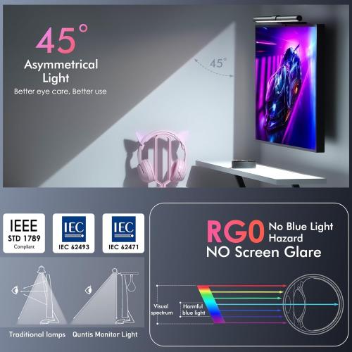 Quntis RGB Pro  Monitor Light Bar with Remote, 15 Modes Gaming Backlight, 4 Colors & Brightness Dimmable Fronlight, 20 Ra95 Eye-Care USB Reading Monitor Lamp, No Glare, Upgraded Clip for All Monitor