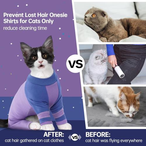 Sticky Hair Cat Clothes, Four-Leg Long Sleeve Cat Pajamas, Prevent Fur Shedding Kitten Onesie Shirts, Surgery Recovery Suit for Male Female, Wound Protection & Preventing Licking