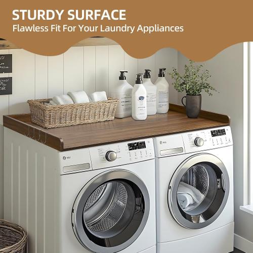 Washer Dryer Countertop, Wood Washer and Dryer Countertop 27.5 x 54 Laundry Room Organization with Metal Hooks & Non-Slip Pads Wood Shelf Topper for Storage Space Saver