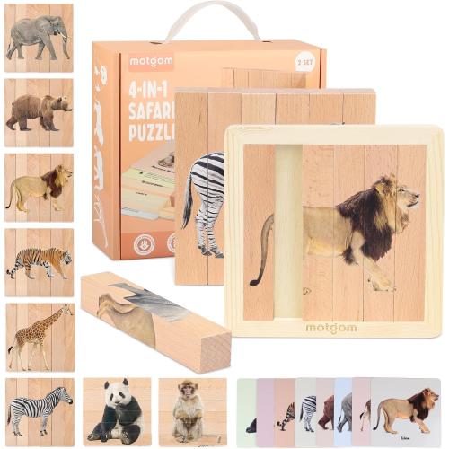 2 Pack Wooden Puzzles for Toddlers - 4 in 1 Safari Animal Chunky Puzzles Ages 2-4, Preschool Educational Montessori Toys Gifts for 2 3 4 Year Old Boys Girls
