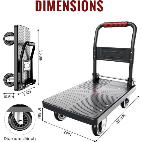 Upgraded Foldable Push Cart Dolly | 780 lbs.Capacity Moving Platform Hand Truck | Foldable for Easy Storage | 5'' PU 360 Degree Swivel Silent Wheel-Black