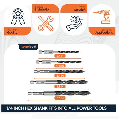 Brad Point Wood Drill Bit Set – High-Speed Steel with 1/4 Hex Shank – Precision Drilling for Hardwood, Softwood, Plywood, and MDF – Quick-Change Design for Power Drills ( 5-Piece )