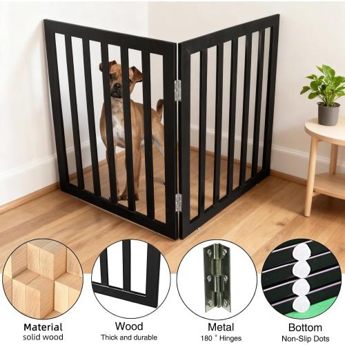 ZJSF Freestanding Indoor Dog Gate for House Foldable Wood Black Puppy Gate for Doorways Pet Gate for Stairs Extra Wide Pet Fence 32 Height 2 Panels