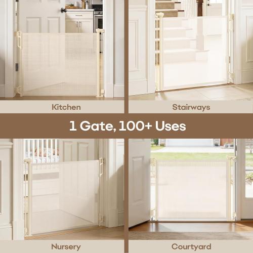 SPACEANY Retractable Safety Baby Gate or Mesh Dog Gate,Durable Portable Mesh Retractable Gate,Easy to Use for Stairs, Doorways, Hallways, Indoor, Outdoor, 33.5 Tall, Up to 45 Wide, Cream