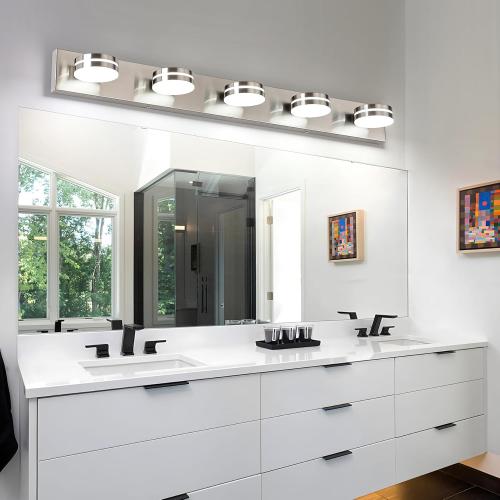 Bicrink Brushed Nickel Bathroom Light Fixtures Over Mirror, 5-Light Bathroom Vanity Light, LED Dimmable Bath Lights, Modern Wall Mounted Lighting Fixture with Rotating Lamp Head