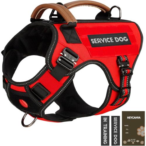 Size M Service Dog Vest - HEYCAHVA Tactical Dog Harness Full Metal Buckles for Large Medium Dog Reflective No Pull Dogs Harnesses Vest with Leather Handle, Hook & Loop for Hiking Training (Red)