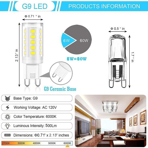 G9 LED Light Bulb Daylight Dimmable 6W,(60W Halogen Equivalent),6000K 120V No-Flicker G9 Bi Pin Base LED Bulbs for Chandeliers, Home Lighting 360° Beam Angle,600LM 6 Packs