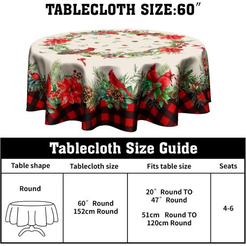 Giwawa Red Birds Floral Tablecloth Round 60 Inch Buffalo Plaid Decorative Water Resistant Table Cloth Cover for Dining Room Kitchen Holiday Party