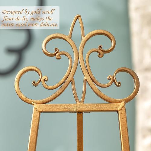 18.25L x 25.5W x 55H Metal Scroll Extra Large Free Standing Adjustable Display Stand Easel with Chain Support, Heavy Duty Easel for Sign, Wedding, Picture Frame, Mirror, Gold (No Assembly Required)
