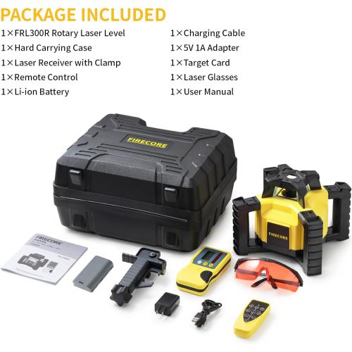 Firecore Rotary Laser Level Kit, 360 Degree Self-Leveling Horizontal Rotary Laser for Construction, Outdoor Laser Level with Receiver, Rechargeable Battery, Rod Clamp & Remote Control Included-FRL300R