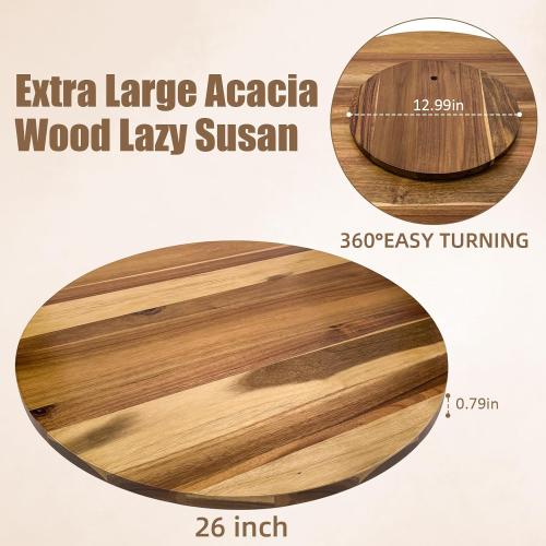 26'' Acacia Wooden Lazy Susan with 360 Rotation for Dining Table Top,Extra Large Wooden Serving Tray with Heavy Duty Rotating Wheel for Kitchen,Dining Table