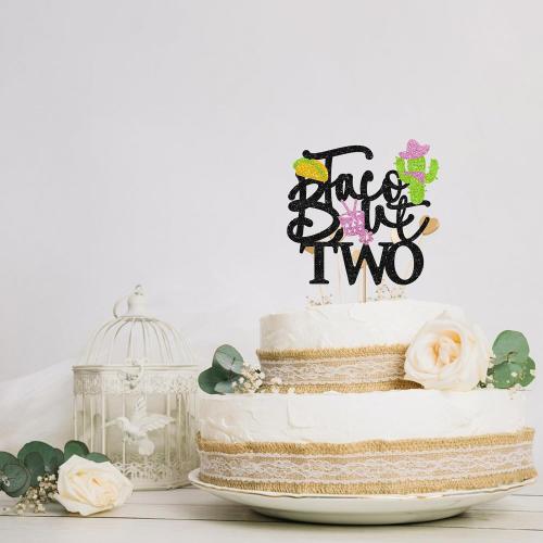 Taco Bout Two Cake Topper, Fiesta 2nd Birthday Cake Decor, Black Glitter Cactus 2 Years Old Cake Topper for Girl, Mexican Fiesta 2nd Birthday Party Decoration