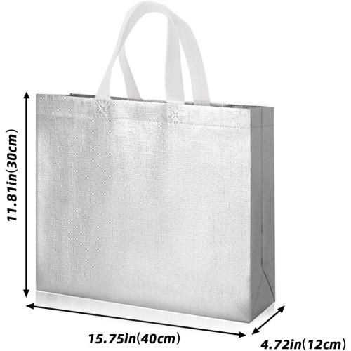 Glossy Silvery White Large Gift Bags with Handle 20-Pack,Reusable Non-woven Party Favor Bags with Sturdy Base for Birthday Wedding Easter,15.75x11.81x4.72 Inches (Silvery white, M)