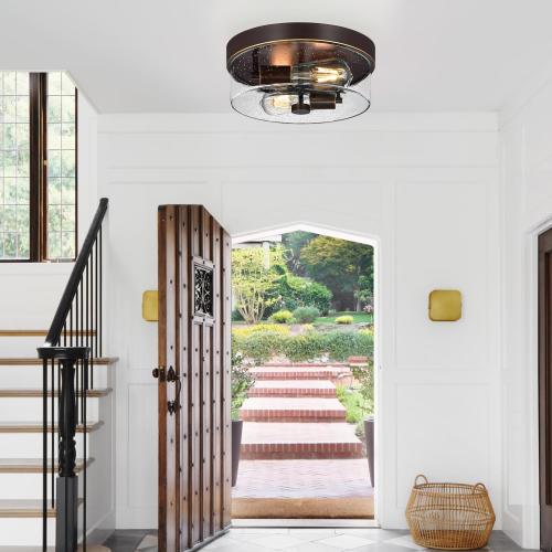 Flush Mount Ceiling Light Fixtures, 2-Light Oil Rubbed Bronze Ceiling Mount for Farmhouse with Seeded Glass Lampshade, Industrial Flush Mount Light Fixture for Hallway, Kitchen, Entryway and Foyer