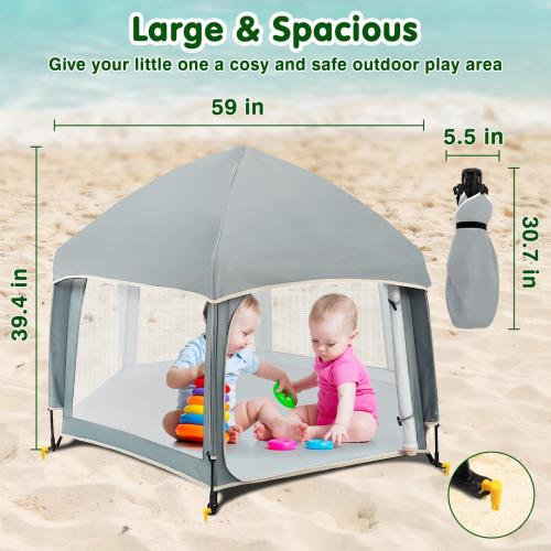 Zooawa Pop Up Playpen for Baby, Portable Playpen for Babies and Toddlers with Removable Sun-Shades& 2 Side UV Covers, Lightweight Outdoor Baby Playpen for Beach Home with Travel Bag,Light Gray