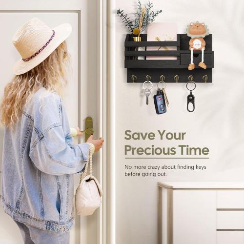 FifthQuarter Key and Mail Holder for Wall, Mail Organizer Wall Mount with 6 Hooks and Storage Drawer, Easy Installation Key Rack for Entryway and Home Decor (A-Black)