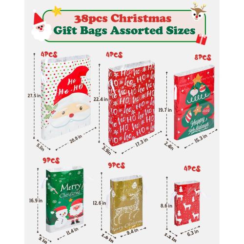 38pcs Christmas Gift Bags with Ribbon Ties, Christmas Bags for Gifts Assorted Sizes Small/Medium/Large Christmas Gift Bags, Holiday Christmas Wrapping Paper Reusable Plastic Santa Bag Wrapping Bags