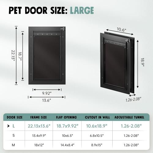 Dog Door for Door All Aluminum 3 Flaps Black, Large Dog Doggy Doggie Door, Heavy Duty Pet Door for Dogs Cats, with Insulation Flap, Telescoping Tunnel, Sliding Closing Panel, for Pets Up to 110lb