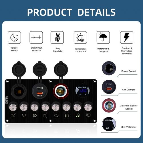 8 Gang Marine Boat Switch Panel Waterproof with Charger (PD,QC3.0 ) and Voltage Meter, 12V/24V Rocker Switch Panel for car,Trucks, Boats